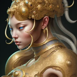 Sango fantasy, fantasy magic, intricate, sharp focus, illustration, highly detailed, digital painting, concept art, matte, art germ and Paul Lewin and Kehinde Wiley, masterpiece silver elephant head bronze Buddha Asian African girl nice breast Hawaiian hair turquoise golden waves