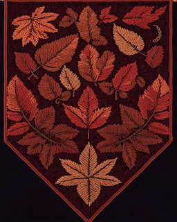 autumn colored cloth banner with embroidered and cross-stitched ornamental leaves and filigree, using thick tread