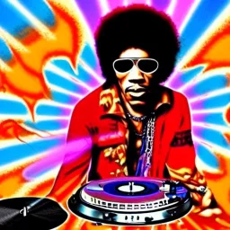 a realistic picture of Jimi Hendrix at a turntable with headphones on being a DJ, vivid color, with sunglasses, psychedelic trippy art