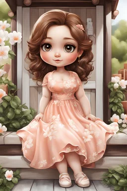 Create an airbrush of a cartoon of a chibi white curvy female sitting on the porch wearing a peach maxi dress. Prominent make up and brown eyes. Extremely highly detailed shiny brown wavy hair. Background of peach, white and black flowers surrounding her