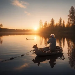 old man fishing in a rowboat with his dog, fishing pole, lake, sunset, setting sun glare, reflective, moody, nostalgic, cabin