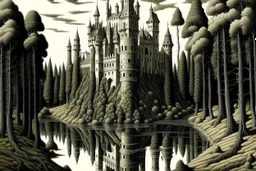 A giant castle near a swamp filled with ghosts painted by MC Escher