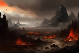 a realistic depiction of an ominous landscape of desolation and torment. Charred plains stretch endlessly, with jagged cliffs and rivers of molten lava carving through the barren terrain. The air is thick with acrid smoke, choking those unfortunate souls consigned to this infernal abyss. Demonic creatures prowl the scorched landscape, their twisted forms embodying cruelty and malice. Sinister fortresses loom in the distance