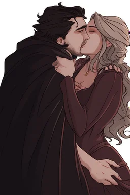 Couple from dnd passionate kiss, woman with white hair wearing a dress, man with long black hair tunic and red cloak.