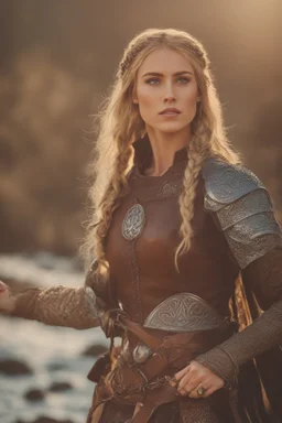 A beautiful woman with blond hair, viking braids Brown leather armor.