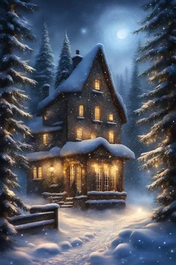 Art by Kajenna, full body, christmas evening in winter forest, falling snow christmas tree and englisch cottage with lightbulbs in background, intricate details, highly detailed, digital painting, stunning, textures, iridescent and luminescent scales, breathtaking beauty, pure perfection, divine presence
