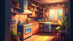 a painting of tinyhouse interior, microstudio, tiny house, micro studio, 10m2, organize :: small, compact :: a storybook illustration by James Gilleard, accurate details, behance contest winner, 2d game art, storybook illustration, rich color palette
