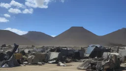 dans une plaine désertique d'une autre planète. Il n'y a pas beaucoup de lumière. Il fait sombre. Au loin les vestiges d'une civilisation futuriste laisse des ruines. Quelques humains habillés avec de vêtements abimés et sales errent sans but dans la pleine. L'ambiance est pesante.