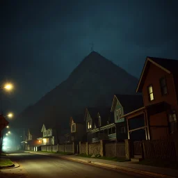 A night photography depicting a street going up to a moutain, with odd houses, horror movie shot