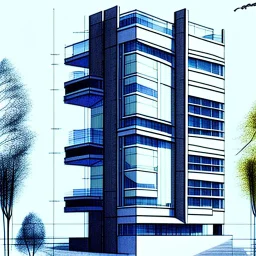 Dibujo arquitectónico de un edificio de cinco pisos, moderno, diseñado aplicando la proporción, estilo minimalista futurista, calidad ultra, gente, árboles, colores complementarios