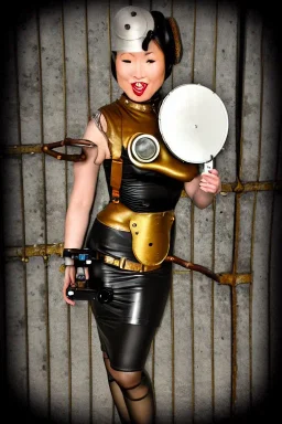 Steam-punk style random-mask. Large fencing mask covers cheeks. Trim girls. Reflective white plastic skin. Camera lenses as eyes. Head full of integrated old-fashioned cameras. Golden to cyan surfaces body, latex. Perfect body, thick thighs and calves. Asa Akira. SElfie with old-fashioned cameras in both hands. Wide hip, skirt bleats nicely. Camera at mons veneris. Partly symmetrical. Cameras hanging on wide plastic belt. Euclidean 3D-tiling walls. surrealistic. surveillance walls