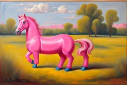 Big pink plastic toy horse.19th painting