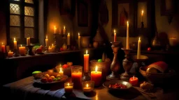 Mediaeval banquet, night, oil lamps, candles, award-winning colour photograph