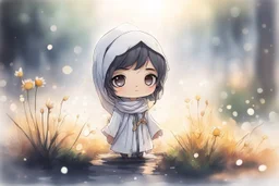 cute chibi anime sheikh, daisyfield, mist, melting watercolor and black ink outlines on wet paper, soft, shading strokes, in sunshine, ethereal, otherwordly, cinematic postprocessing, bokeh, dof