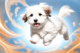 A high-speed action shot of a white Havanese puppy with brown ears, captured in mid-leap or play. The image is detailed and intricate, featuring swirling fractal patterns surrounding the puppy, enhancing the sense of motion and energy. In the background, there's a mesmerizing fractal landscape, with complex geometric shapes and vibrant colors. The landscape and the fractal patterns around the puppy blend seamlessly, creating a dynamic and visually captivating scene in space with chrome silver pl