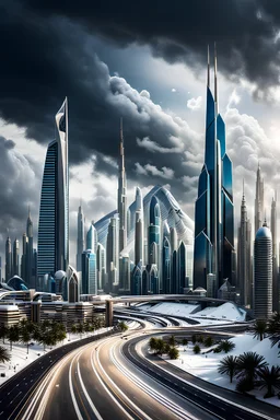 A realistic Dubai city scape with futuristic buildings and roads, K2 huge snowy Mountain in the background, dramatic heavy dark clouds sky.