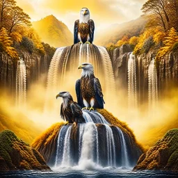 autumn portrait of psychedelic eagle couple on surfboard in waterfall, in the style of dali, 8k, down-light, soft light, depth of field, photo realism, trending on art station, high detail, smoke and fog