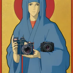 patron of photographers. holding a camera in hands. orthodox icon with saint photographer. Cyrillic inscriptions. hyperdetailed, Alphonse Mucha, Zdzisław Beksiński, poster, illustration, ink, oil on canvas, 18th century atlas