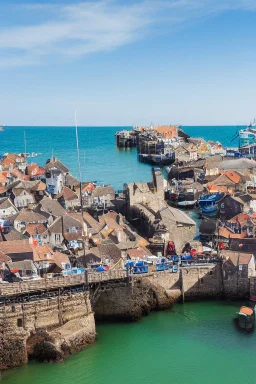 medieval fishing town, rocks, long piers, fishing boats, shops, blue sky