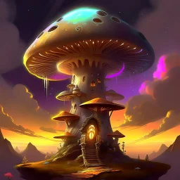 A fantabulous glowing, (((mushroom tower house))) erected atop a (tall geologic pillar), surrounded by uncanny imaginative ((( spiraling skies))), offset by the stark hues of a (nebulous space scape), . captured by the hand a skilled master painter with a focus on (softly textured compositions and voluminous lighting).