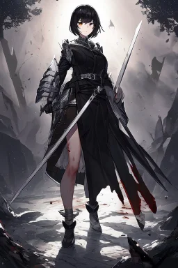 Anime girl with short black hair and sharp green eyes, holding a pike, full body black and white metal plate armour, full body shot, Dramatic lighting,1woman, soaked in blood, Warrior, standing pose, sword at the waist, close shot, lean body,