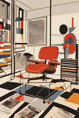 Describe a room in the Bauhaus style featuring a lone armchair, a chair, and an assortment of magazines and paintings. Emphasize the key elements of Bauhaus design, highlighting simplicity, functionality, and the seamless integration of art and furniture.