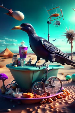 Surrealism abstract scene of an astraunot in the desert drinking tea, an ice cream stand, broken tricycle,.dead fish, black crow, a cow and a skull, hyper realistic, 8k quality, striking colours