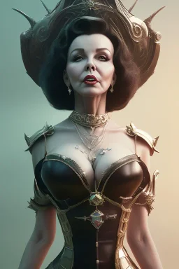 Joan Collins as evil queen in black leather, leather, busty, cleavage, angry, stern look. character design by cory loftis, fenghua zhong, ryohei hase, ismail inceoglu and ruan jia. unreal engine 5, artistic lighting, highly detailed, photorealistic, fantasy