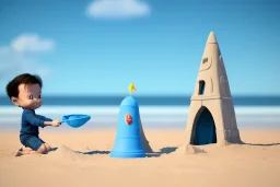 Toddler Elon Musk building a tall space rocketShip sand castle on the beach, Blue shovel, plastic bucket