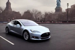 A Tesla 'Model S' is racing at top speed, near the 'Statue of Liberty' in New York. CINEMATIC. WIDE ANGLE LENS. PHOTO REAL.