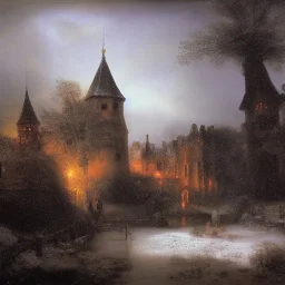 Rembrandt magic castle rain landscape snow bright foreground