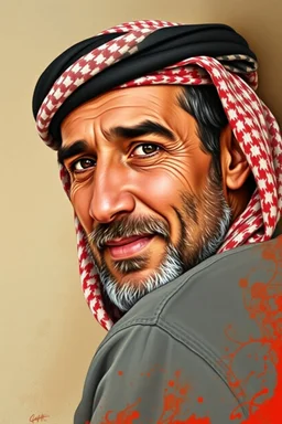 A Palestinian man, forty years old, wearing a keffiyeh, has a beautiful face, turns his face to the right, has a slight smile, his mouth is closed and his teeth are not visible, his eyes are looking to the left, he appears to be drawn with oil paints