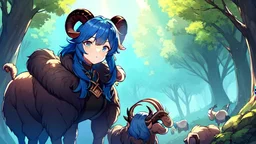 Girl, blue hair, goat horns, clearing in forest, goat foot.