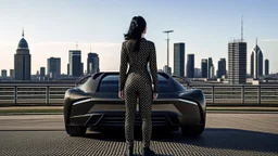 tall thin woman, with black straight hair, dressed in a camouflaged jumpsuit, looking out from the rear of a futuristic aircar, on a tarmac runway, with a city skyline in the distance