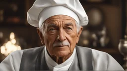 Elderly chef, showing his head and upper body, perfect sparkling eyes, perfect anatomy, exquisite composition, beautiful detailed intricate detailed octane render, 8k artistic photography, photorealistic, soft natural volumetric cinematic perfect light, chiaroscuro, award-winning photograph, masterpiece, raphael, caravaggio, bouguereau