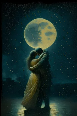 Renaissance-style ancient painting of two people hugging each other in the rain at night with the moon and stars