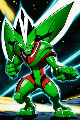 A new space creature from Ben 10 cartoon. Strong and graceful. Advanced metal. Magical power, precise detail and intense power Add "full body view" as a prefix. Use an aspect ratio (dimensions) that is mor vertical (3:4 vs 4:3), move the camera back ("extreme long range view"), move camera upward rather than being at hip height ("high angle view" or "eye-level view"). Describe her shoes or stance, as well as what you see over her head