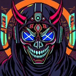 8 bit pixelart cyberpunk,Hannya-Maske, Comic style