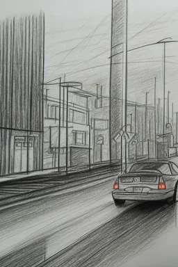 Pencil sketch of A car stops on an empty street, a traffic light, It's raining hard, night , houses on the side ، on lined paper