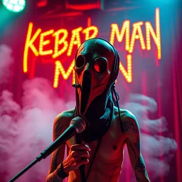 a very thin swedish man, with a plague mask with only a hole for the mouth (no eyes), he is called "KEBAB MAN" performing at death metal club, his name is "KEBAB MAN" kebab rolls On stage, kebab Neon lights and smog, and "KEBAB MAN" big sign on the wall, kebab tribal tattooes, spinning kebab machines, flames and smoke, chaos, he singing with mic,
