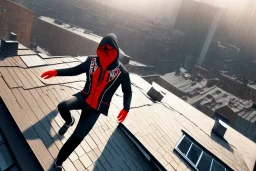 Assassin running on a roof, mid jump, red and black assassin suit, 1800, industrial revolution, hooded man