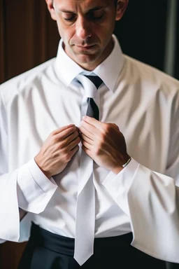 man dressed in church dress clothes opening his shirt to reveal a white t-shirt