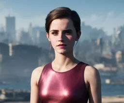 Emma Watson, full-length, in a swimsuit, cyberpunk 2077, photorealistic illustration, 16k