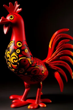 A red fire elemental rooster designed in Kuna molas painted by Joan Miro