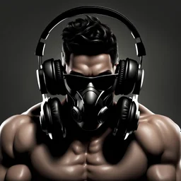 Man, realistic, muscular, front face, mask face, headphones, gym,