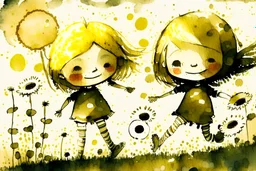 cute chibi anime smiling faced daisy flowers playing football in sunshine, styles of Paul Klee Dee Nickerson and Tim Burton, melting watercolor and black ink outlines on wet paper, soft, shading strokes, in sunshine, ethereal, cinematic postprocessing, bokeh, dof