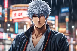 Gintoki in 8k 2D anime realistic drawing style, Gintama costum, close picture, rain, japan, neon, highly detailed, high details, detailed portrait, masterpiece,ultra detailed, ultra quality