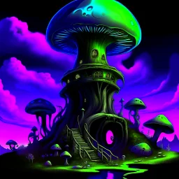 A fantabulous black, lime, and indigo (((mushroom tower house))) erected atop a (geologic pillar), surrounded by the uncanny imaginative ((( swirling skies))), offset by the stark hues of a (neon-tinged nebulous space scape), within. captured by the hand a skilled master painter with a focus on (softly blurred compositions and voluminous lighting).