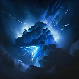 A dark cloud with blue lightning with a galaxy background