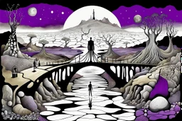 face to the camera in midle one alone human figure with a big map his hands in weird whimsical clothes stands on thin weird bridge , weird whimsical landscape, forest, and Sahara water and rocks,, around surreal cracked painted weird land with some black doors. dark purple, gray, black, white, brown. Whimsical style of Chagall , of Minjae Lee and Tim Burton, absurd beauty. broken, weird bizarre absurd, nightmare, neuron network background, surreal vibe